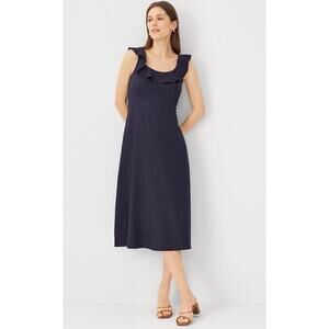 Ann Taylor Navy Linen Blend Scoop Neck Flutter Sleeve Midi Dress Navy Size 0 NWT